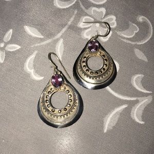 SterlingSilver Boho dangle Earrings oval Amethyst